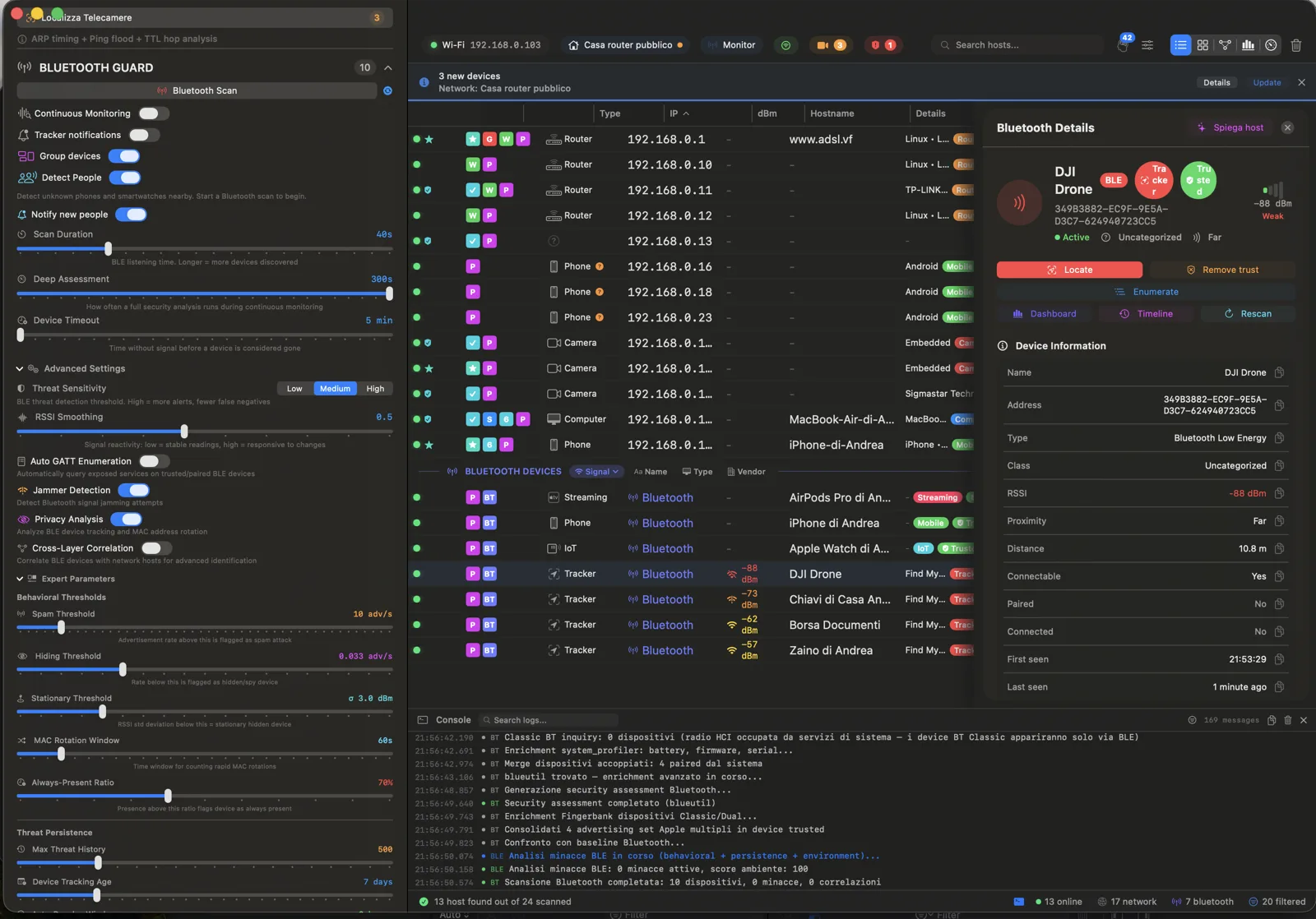 Paranoid Bluetooth discovery view showing nearby BLE devices, AirTag and Find My trackers with RSSI and vendor