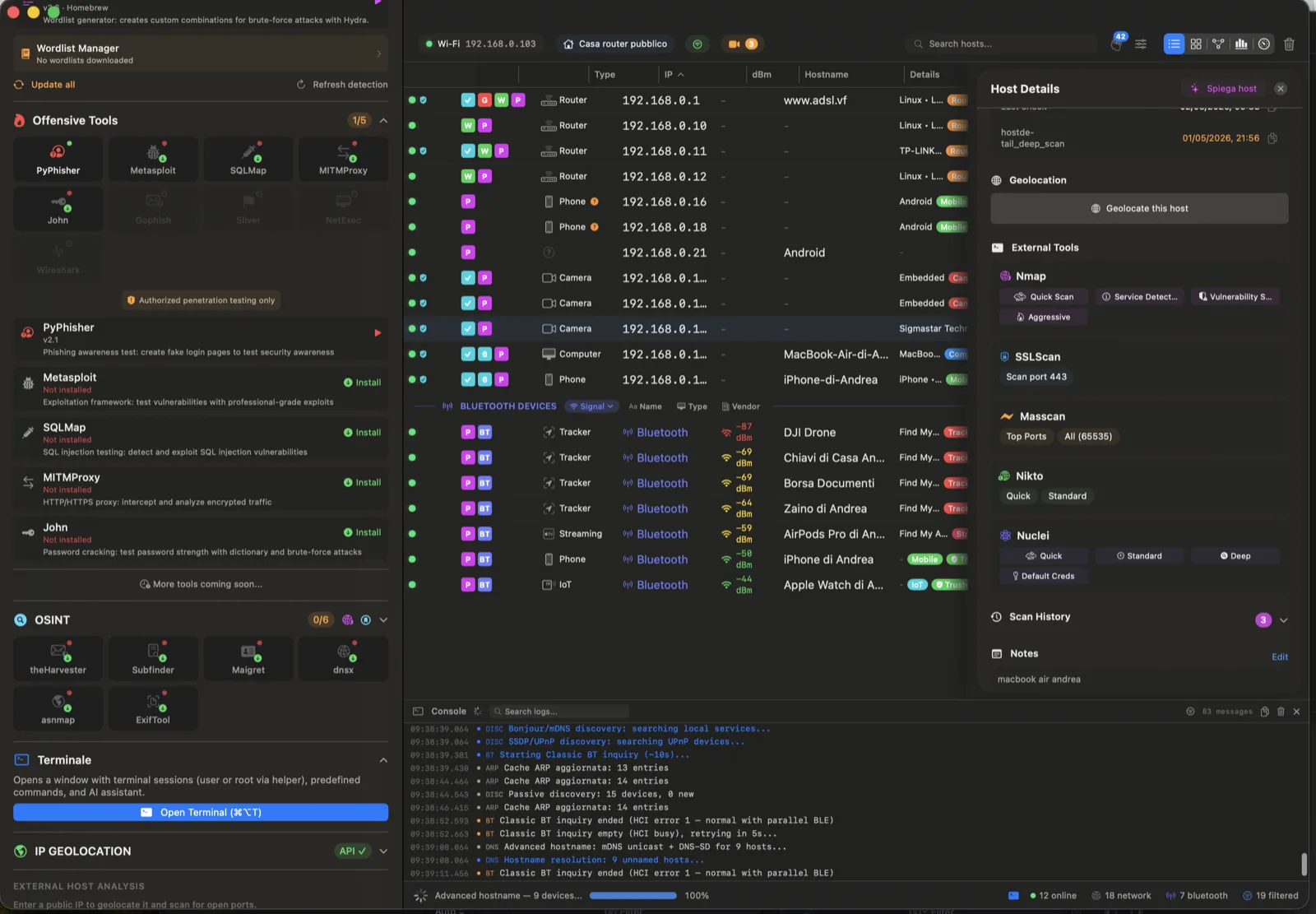 Paranoid offensive tools sidebar: PyPhisher, Metasploit, SQLMap, MITMProxy, John, OSINT suite and terminal integration