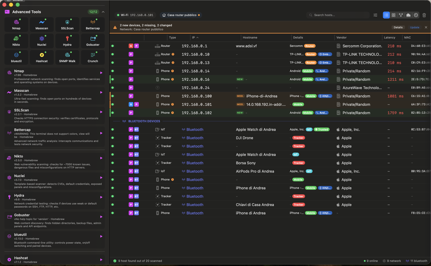 Paranoid IP Scanner — macOS network security scanner interface showing device discovery, Bluetooth monitoring, and advanced security tools