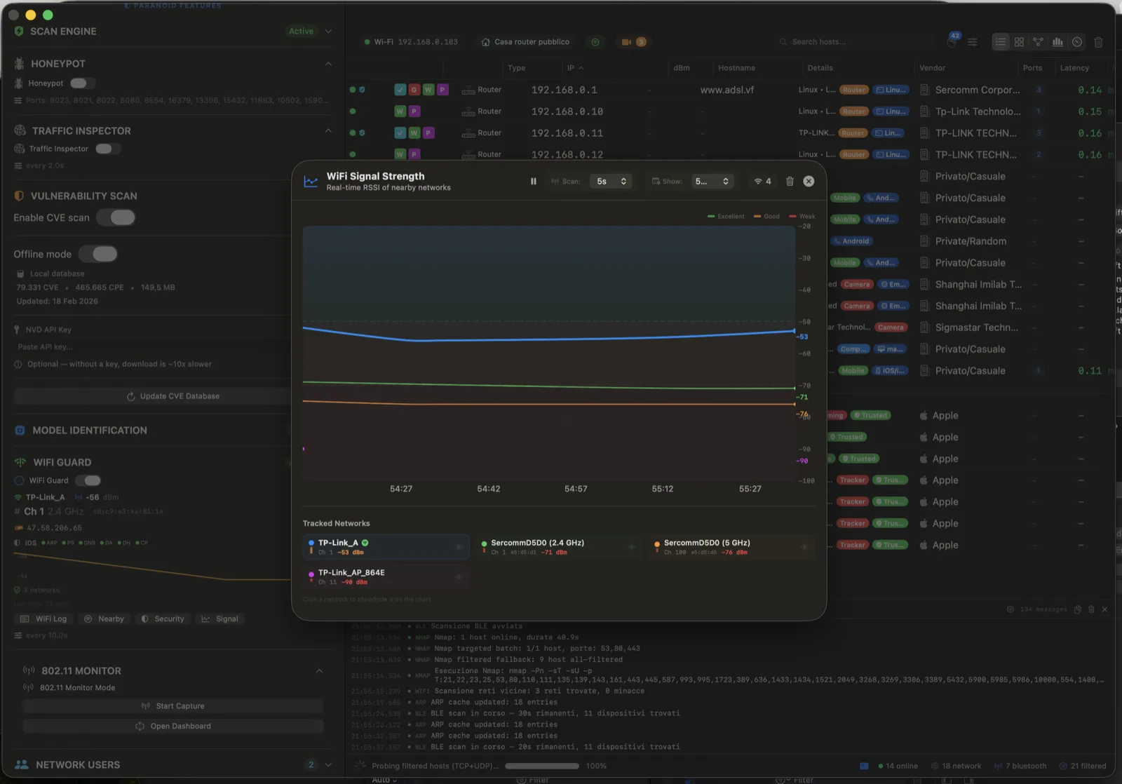 Paranoid Wi-Fi signal and monitor mode view with nearby networks, channels, RSSI and rogue AP detection